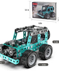 Buildable 3D Metal Engineering Kit With 194 Piece STEM Set For Ages 8 To 16 Develops Logic Skills And Spatial Reasoning Through Hands On DIY Projects Ideal Gift For Curious Kids Blue featuring assembled off-road vehicle model with dimensions