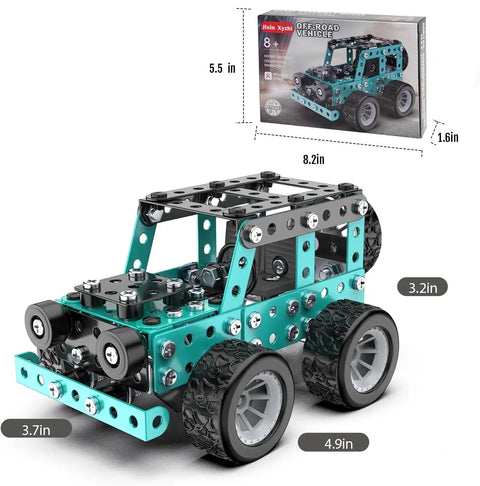 Buildable 3D Metal Engineering Kit With 194 Piece STEM Set For Ages 8 To 16 Develops Logic Skills And Spatial Reasoning Through Hands On DIY Projects Ideal Gift For Curious Kids Blue featuring assembled off-road vehicle model with dimensions