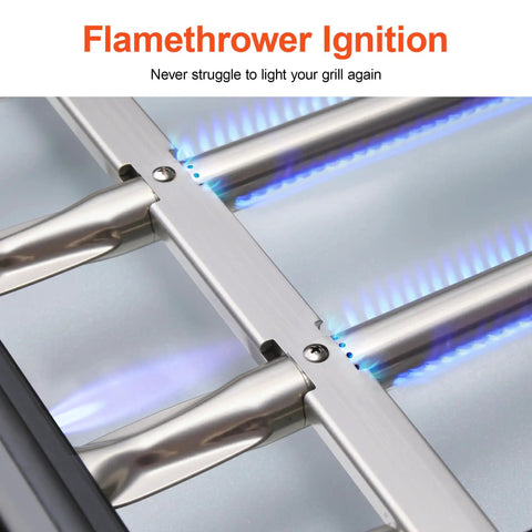 Close-up of Flamethrower ignition on the Six Burner Propane Gas Grill With Infrared Sear Side Burner And Diamond Pattern Cast Iron Grates.