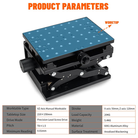 Pro Grade XZ Axis Manual Stage With 50 X 120mm Stroke Sliding Table Rotation And Positioning Platform specifications chart