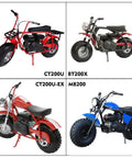 Four mini bike models, including Coleman CT200U, BT200X, CT200U-EX, and MB200; showcasing bike designs in red and blue.