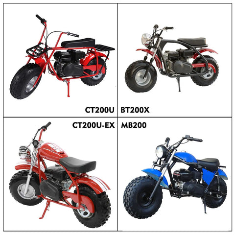 Four mini bike models, including Coleman CT200U, BT200X, CT200U-EX, and MB200; showcasing bike designs in red and blue.