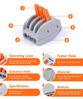 Close-up view of 60 Piece Lever Wire Connector Nuts Kit For Two Or Three Wire Quick Splice Electrical Connectors with labeled features.
