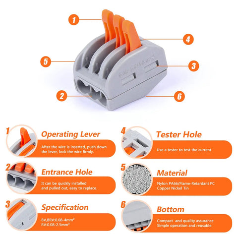 Close-up view of 60 Piece Lever Wire Connector Nuts Kit For Two Or Three Wire Quick Splice Electrical Connectors with labeled features.
