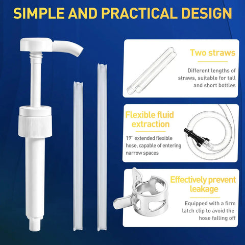 Heavy Duty Fluid Transfer Pump For 28 MM Quart Bottles With Flex Hose and Dual Tubes, featuring two straws and flexible extraction.