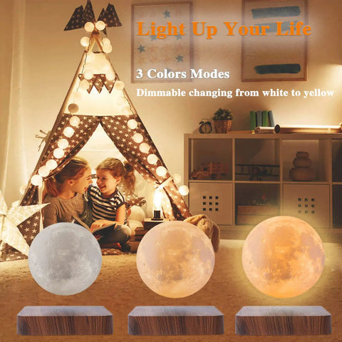 Levitating Moon Lamp With Magnetic Floating Spin, 3 Color Modes Night Light illuminating kids tipi tent in cozy room.