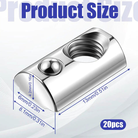 Product size image of 20 Pack Roll In T Nuts 1 4 20 Steel With Ball Spring, T Slot Nuts For 10 Series Aluminum Extrusion Profiles, Zinc Plated