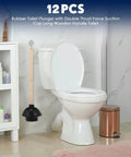Heavy Duty Rubber Toilet Plunger 12 Pack Smooth Double Thrust Suction Cups Long Wooden Handle beside a toilet in bathroom.