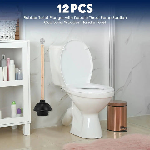 Heavy Duty Rubber Toilet Plunger 12 Pack Smooth Double Thrust Suction Cups Long Wooden Handle beside a toilet in bathroom.