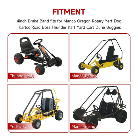 Diagram of fitment for go-karts including Thunder Cart, Manco Bandit, Yerf-Dog, and Manco 6.5HP with brake band and cable kit.
