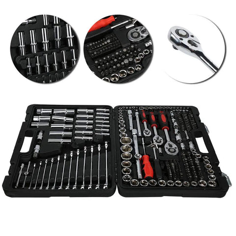 Pro Grade 215 Piece Ratchet Wrench Set With Sockets Kit Multi Drive For Auto Repair And Home Maintenance Chrome Vanadium Steel