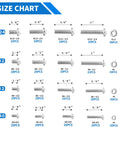 Size chart of All In One 720 Piece Stainless Steel Machine Screw Set With Phillips Pan Head Nuts Bolts And Flat Washers.