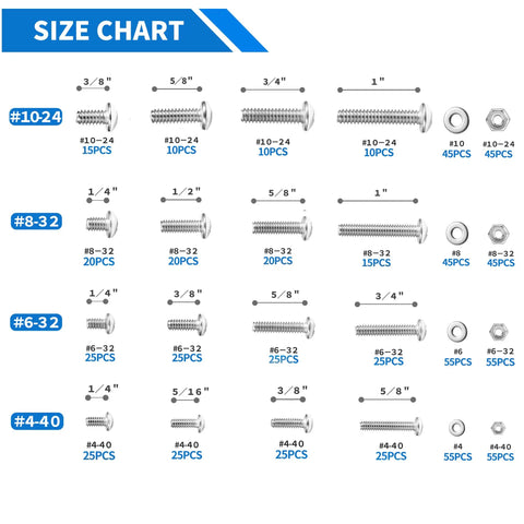 Size chart of All In One 720 Piece Stainless Steel Machine Screw Set With Phillips Pan Head Nuts Bolts And Flat Washers.