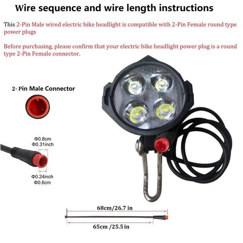 12-60V Ebike LED Headlight With 2 Pin Waterproof Connector 2W 300 Lux High Brightness Front Light For Night Riding On Folding Bikes Mountain Bikes And E Scooters, Super Bright Beam For Safer Commuting