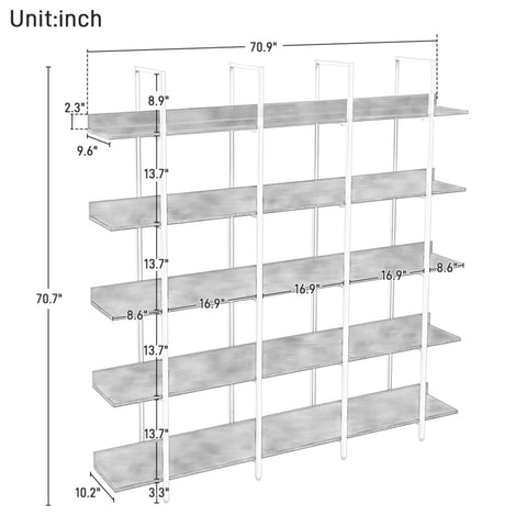 Five Tier Industrial Bookshelf With Extra Wide Open Shelves MDF Panels Heavy Duty Steel Frame dimensions illustration