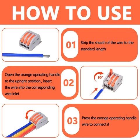 Instructions for using the 20 Piece Lever Wire Connectors Kit 28-12 AWG Quick Disconnect Splice Nuts for easy auto and home DIY projects.