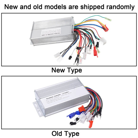 Beefy Aluminum 48V 60V 64V Brushless Motor Speed Controller shown with wiring harness, including new and old model variations.