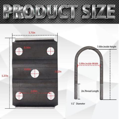 Product size diagram of Beefed Up Heavy Duty Trailer U Bolt Kit For 5200 To 7000 Pound Axles showing dimensions and details.