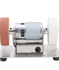 Powerful Mini Electric Bench Grinder With Adjustable Seven-Speed Controls And Cw Ccw Rotation For Metal Wood Polishing Buffing And Cutting Tasks, compact stainless body with two grinding wheels.