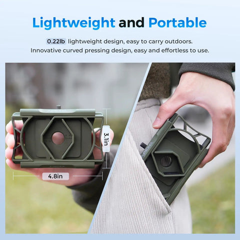 Person holding 360 Degree Rotatable Telescope Phone Adapter for Android and iPhone, showing lightweight and portable design.