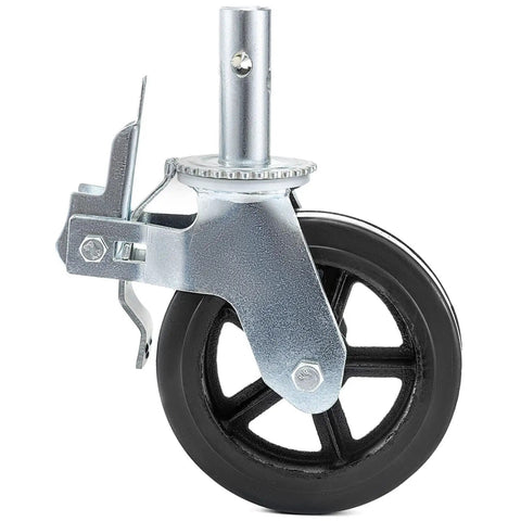 Heavy Duty Iron Core Swivel Casters 8 Inch Set Of Four With Dual Locking Brakes Tough As Nails Polyurethane Treads 1100 Lbs Load Each Smooth Rolling Threaded Base Mount close-up of caster with threaded base and locking mechanism.