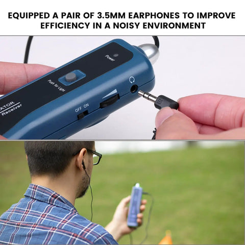 Person using Underground Wire Locator And Cable Tester F02 Pro with earphones outdoors, emphasizing easy operation and efficiency.