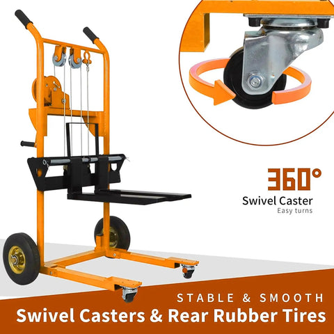Heavy Duty Winch Stacker And Hand Truck Duo Moving Pallets And Gear Up To Thirty Five Inches High With Smooth Rollers Built For No Sweat Loading On Busy Garages And Tough Job Sites