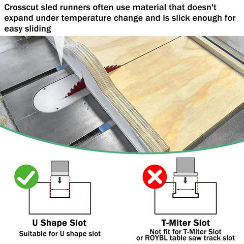 Image showing table saw with crosscut sled, illustrating U-shaped and T-miter slot compatibility with Table Saw Sled Kit For Clean Crosscuts And Repeat Length Cuts With 2 Aluminum T Tracks, 2 UHMW Miter Bars, Knobs And Screws Pro DIY Crosscut Sled For Stable Workpieces, Precise Measurements, And Less Cutting Error.
