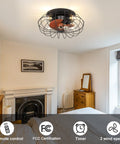 Ceiling view of a 20 Inch Low Profile Ceiling Fan With Lights And Remote Control Enclosed Caged 3 Blade Design Flush Mount
