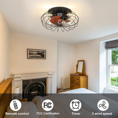 Ceiling view of a 20 Inch Low Profile Ceiling Fan With Lights And Remote Control Enclosed Caged 3 Blade Design Flush Mount