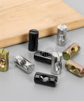 50Pcs M6x20mm Zinc Plated Barrel Nuts Kit For Furniture Assembly No Brainer Install Cross Dowels in various colors on table