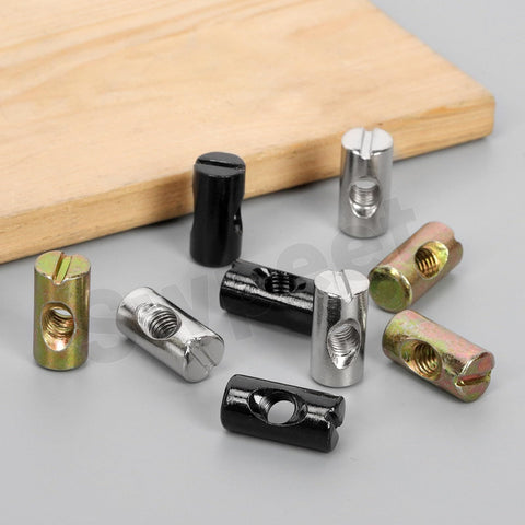 50Pcs M6x20mm Zinc Plated Barrel Nuts Kit For Furniture Assembly No Brainer Install Cross Dowels in various colors on table