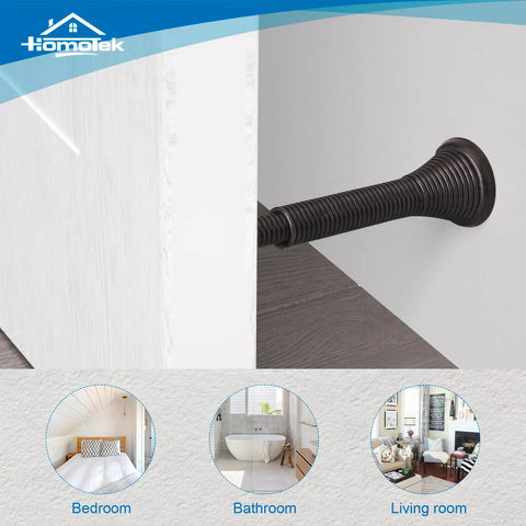 Telescoping Spring Door Stoppers Two Pack Wall Mount Flexible Bumpers Oil Rubbed Bronze installed in a wall, shown in living spaces.