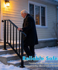 Heavy Duty Carbon Steel Handrails For Outdoor Steps Slick 2 Step Stair Rail Kit, assisting a man up snowy steps with reliable support.