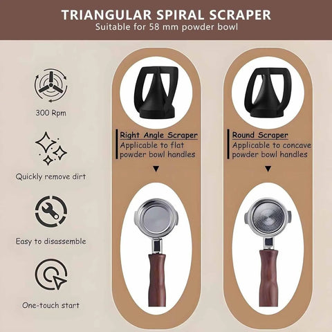 Triangular Spiral Scraper for 58 mm powder bowl, showcasing right angle and round scrapers for effective cleaning.