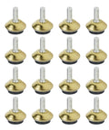 Gold Swivel Adjustable Furniture Levelers To Knock The Wobble Flat Slick Steel Legs With Rubber Pads Silent Floor Guards Smooth Glide Indoor Outdoor Setup 16 Pack displayed in a grid.