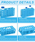 Must-Have Four Way Plastic Test Tube Rack Kit For Lab Experiments showing varying vial sizes in blue holder, front and side views