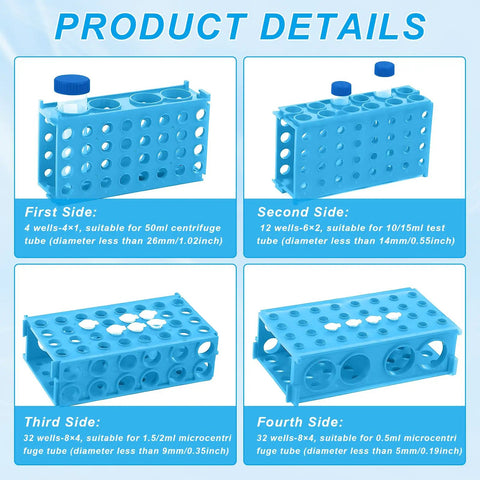 Must-Have Four Way Plastic Test Tube Rack Kit For Lab Experiments showing varying vial sizes in blue holder, front and side views
