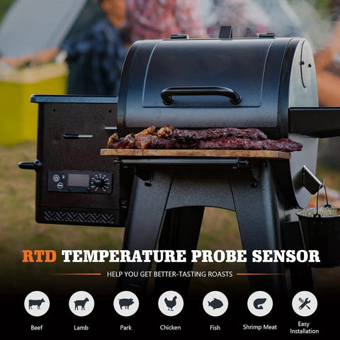 Temp Probe Replacement For Pit Boss Smokers showing RTD sensor with meat on grill