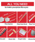 Diagram showing 7 Piece Pizza Oven Tools Kit For Home And Outdoor Ovens With Pro Grade Stainless Steel Pizza Peel Oven Brush Bubble Popper Turner Rocker Cutter Dough Roller And Scraper For Quick Easy Homemade Pies, including pizza spatula, oven brush, turner, peel, wood roller, dough cutter, and silicone gloves.