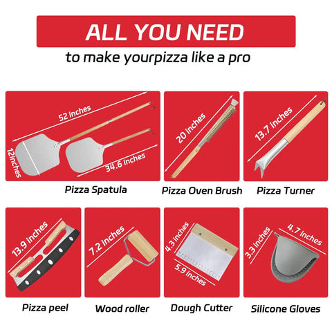 Diagram showing 7 Piece Pizza Oven Tools Kit For Home And Outdoor Ovens With Pro Grade Stainless Steel Pizza Peel Oven Brush Bubble Popper Turner Rocker Cutter Dough Roller And Scraper For Quick Easy Homemade Pies, including pizza spatula, oven brush, turner, peel, wood roller, dough cutter, and silicone gloves.