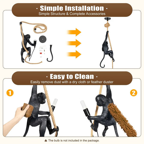 Vintage Resin Hemp Rope Monkey Chandelier Pendant Lamp With Edison Style Bulb Fixture E26 installation and cleaning guide