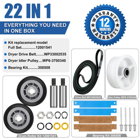 Dryer Drum Roller Kit With Durable Belt And Idler Pulley For Maytag Dryers WP33002535 with 12-month warranty included