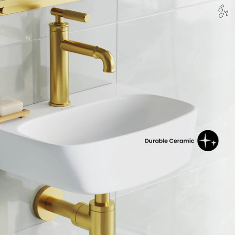 St Tropez Wall Hung Sink With Space Saving Wall Mount Dope Scratch Resistant Ceramic Sleek Modern Basin gold faucet