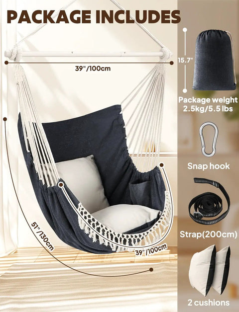 Hammock Chair Swing With Steel Spreader Bar Supports Up To 500 Lbs Two Cushions Included Portable Hanging Chair shown with accessories