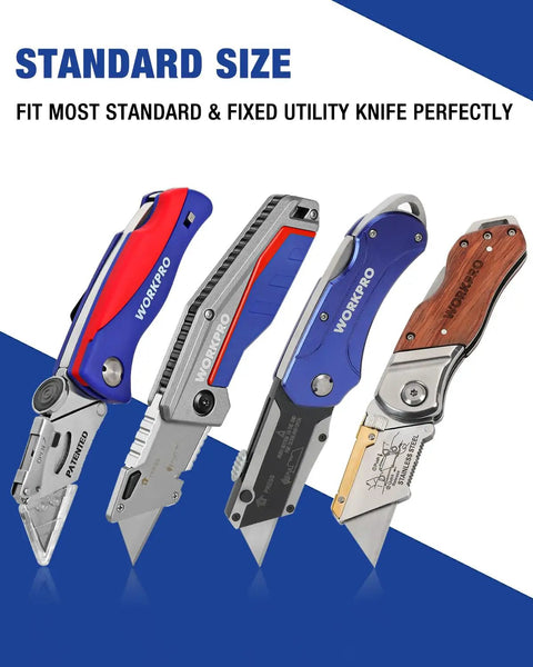 Four utility knives with the text "Standard Size" above, showcasing compatibility with 50 Pack Utility Knife Blades With Dispenser.