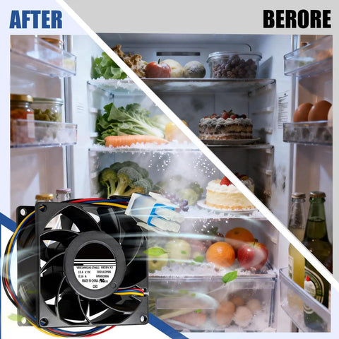 Before and after view of refrigerator with installed Upgraded Refrigerator Evaporator Fan Motor Replacement For Multiple Models