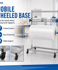 Rock Solid Industrial Packaging Roll Stand With No Hassle Slide Cutter And Easy Roll Casters. Mobile wheeled base with swivel casters.