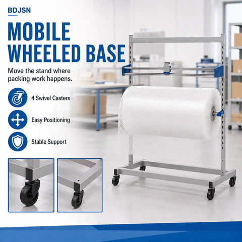 Rock Solid Industrial Packaging Roll Stand With No Hassle Slide Cutter And Easy Roll Casters. Mobile wheeled base with swivel casters.