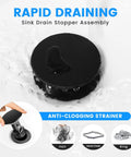 Matte Black Bathroom Sink Stopper With Overflow For Vessel And Vanity Sinks, Rapid Draining Plastic Pop Up Drain With Hair Catcher Anti Clog Strainer